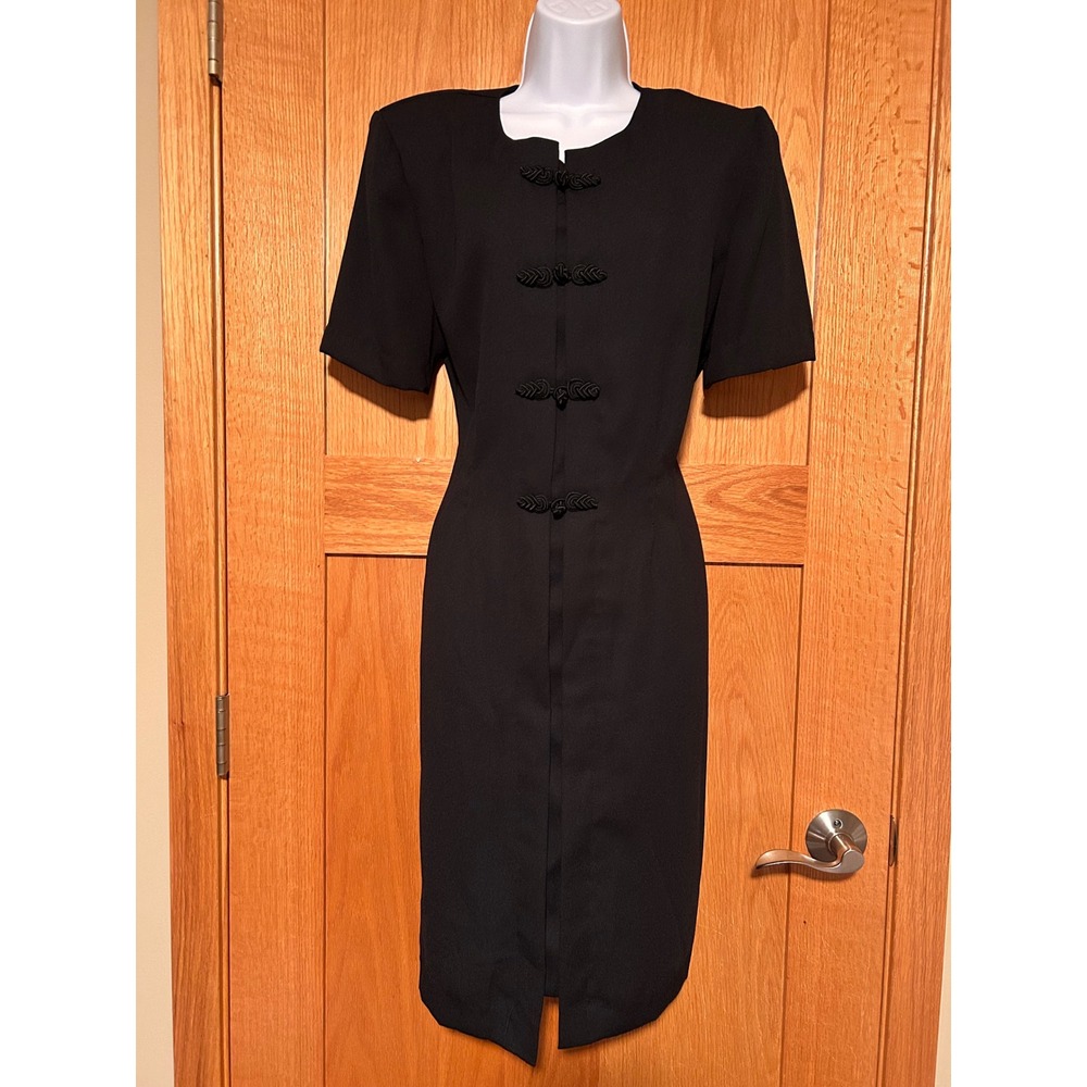 Vintage Sag Harbor Black Frog Toggle Sheath Dress Short Sleeve Shoulder Pads 12
